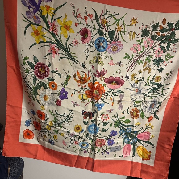 Vintage Gucci Floral Silk Scarf with Red Border - Picture 1 of 3